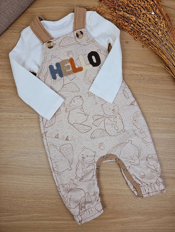 Conjunto de Body em Ribana 1x1 e Jardineira em Moletom Linho sem Pelúcia LucBoo
