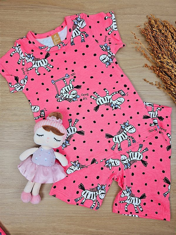 Pijama Blusa e Bermuda em Suedine Zebra Rosa Escuro Up Baby