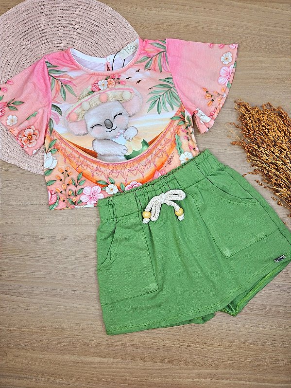 Conjunto de Blusa Boxy em Malha Fresh com Short Saia em Molevisco Infanti