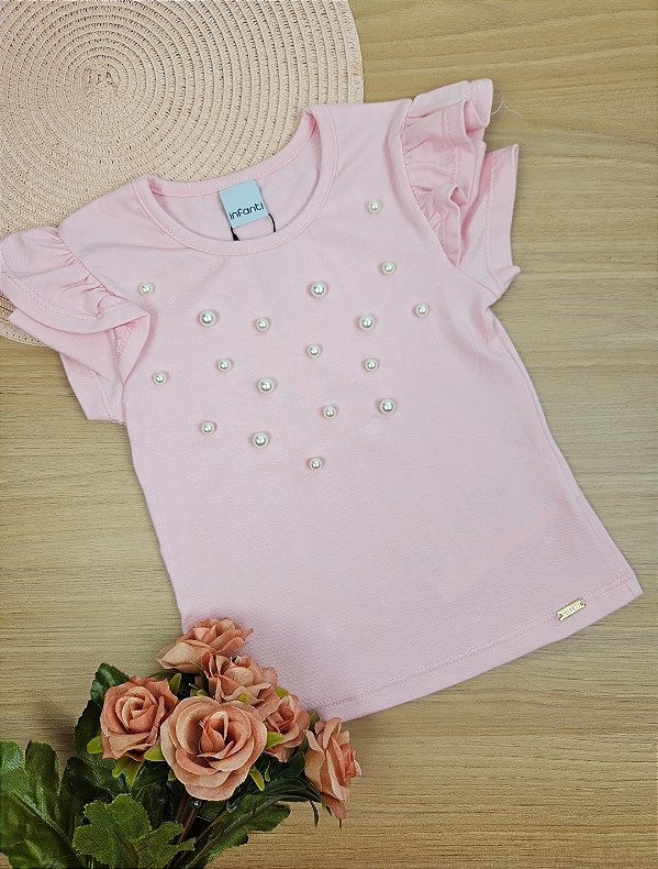 Blusa em Cotton com Pérolas Rosa Infanti