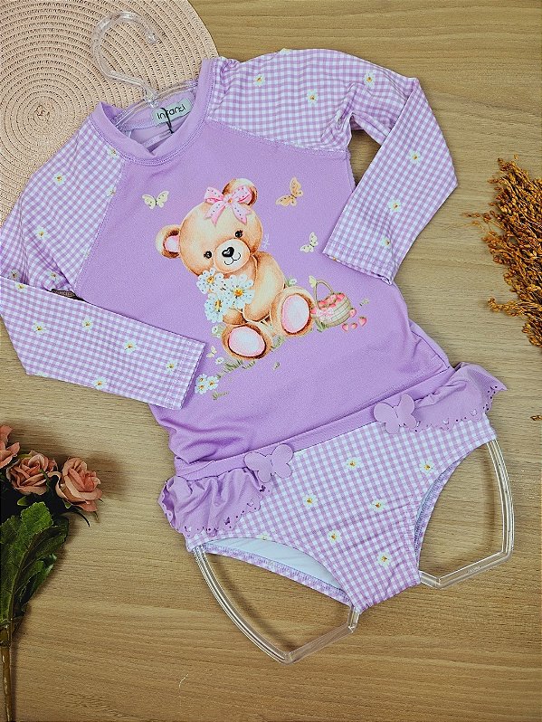 Conjunto de Blusa e Calcinha em Malha Uv Dry com Proteção Uv 50+ Lilás Infanti