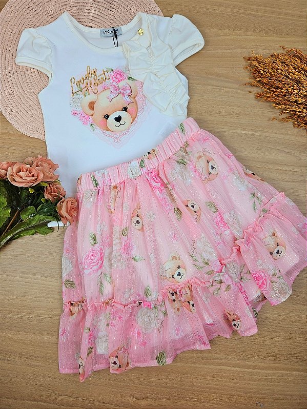 Conjunto de Blusa em Cotton com Saia em Chiffon Brilho. Com Shorts Embutido Infanti