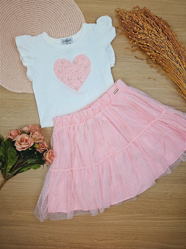 Conjunto de Blusa Cropped em Canelado Maui com Saia em Tule Com Shorts Embutido Infanti