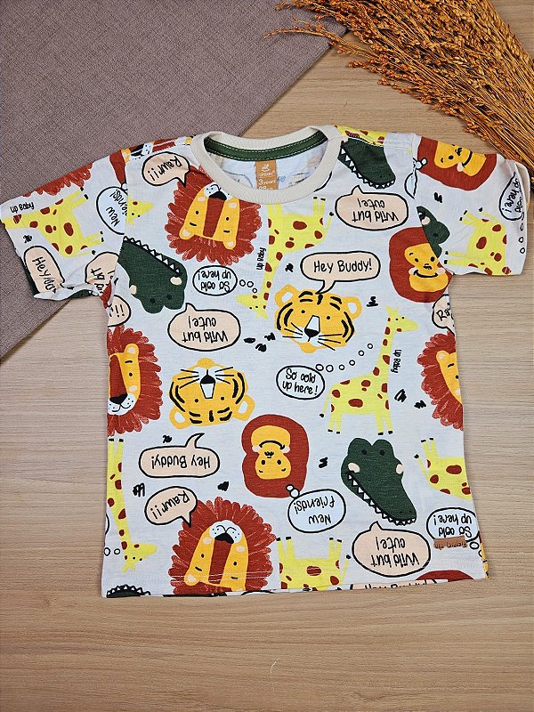 Camiseta Manga Curta em Malha Bege Animais Up Baby