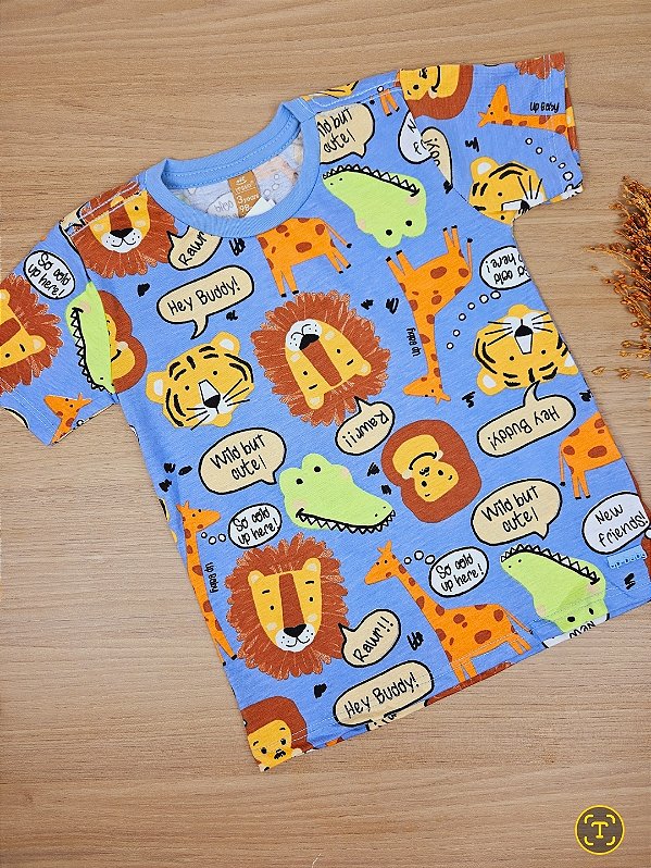 Camiseta Manga Curta em Malha Azul Animais Up Baby