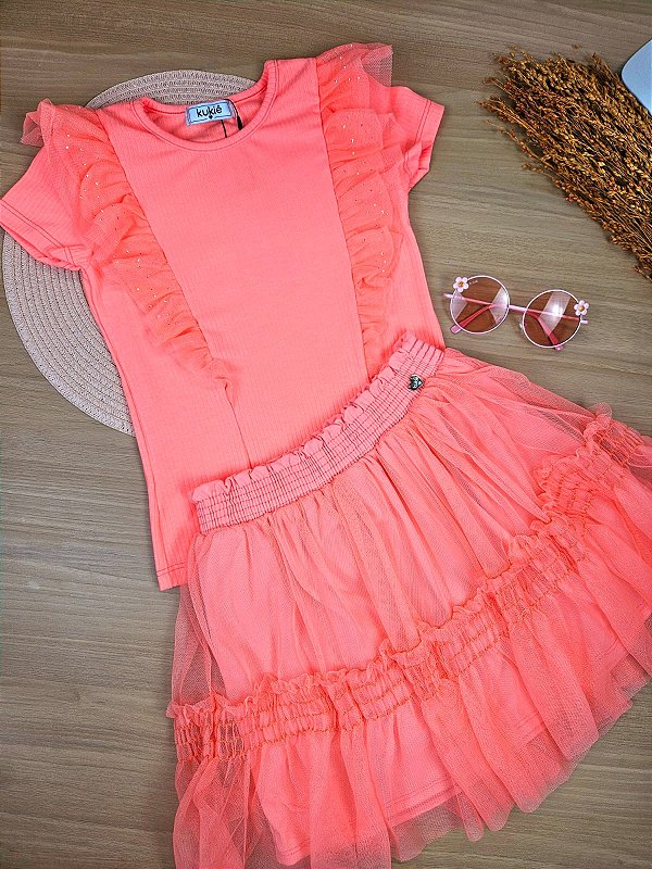 Conjunto Blusa em Canelado e Tule e Saia em Tule com Elastano (com Shorts Embutido) Kukiê