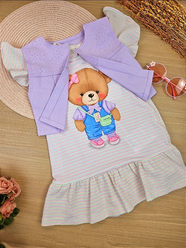 Vestido em Cotton Trabalhado e Colete em Sarja com Elastano Kukiê