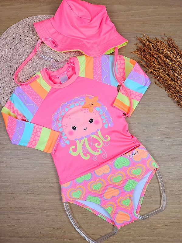Conjunto de Blusa Calcinha e Chapéu em Malha com Proteção UV 50+ Kukiê
