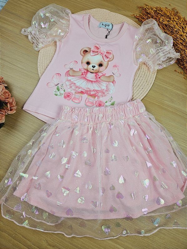 Conjunto de Blusa em Cotton e Saia em Tule Corações (com Shorts Embutido) Kukiê