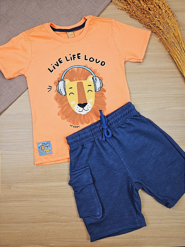 Conjunto Camiseta Malha e Bermuda em Moletom Laranja Leão Up Baby