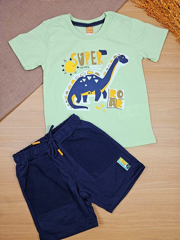 Conjunto Camiseta Malha e Bermuda em Moletom Verde Dino Up Baby