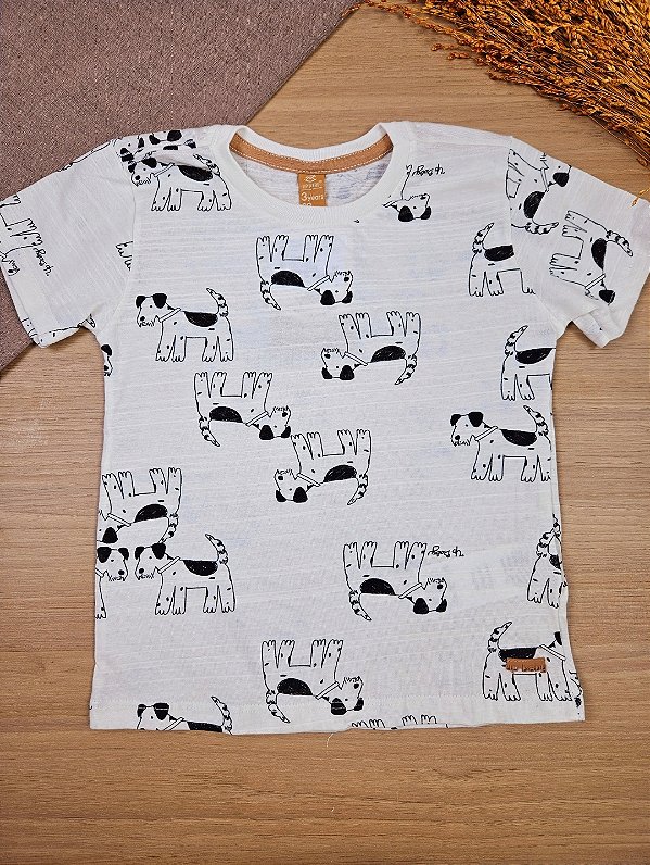 Camiseta Manga Curta em Malha Flamê Branca Cachorrinhos Up Baby