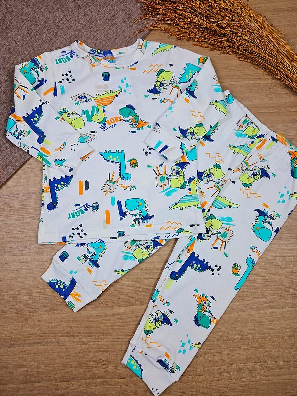 Pijama Camiseta e Calça Suedine Dino Branco Up Baby