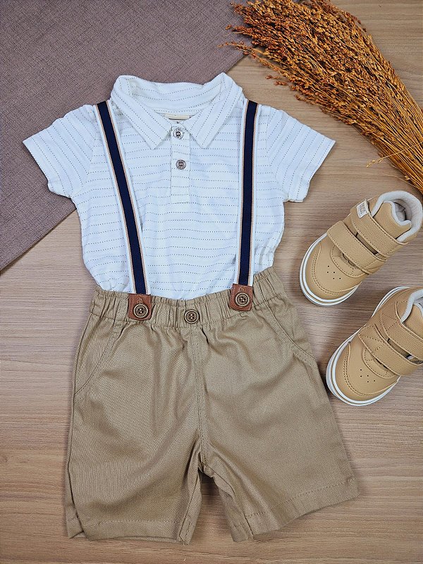 Conjunto de Body Polo em Malha Textura e Bermuda em Sarja Stretch e Suspensório Removível LucBoo