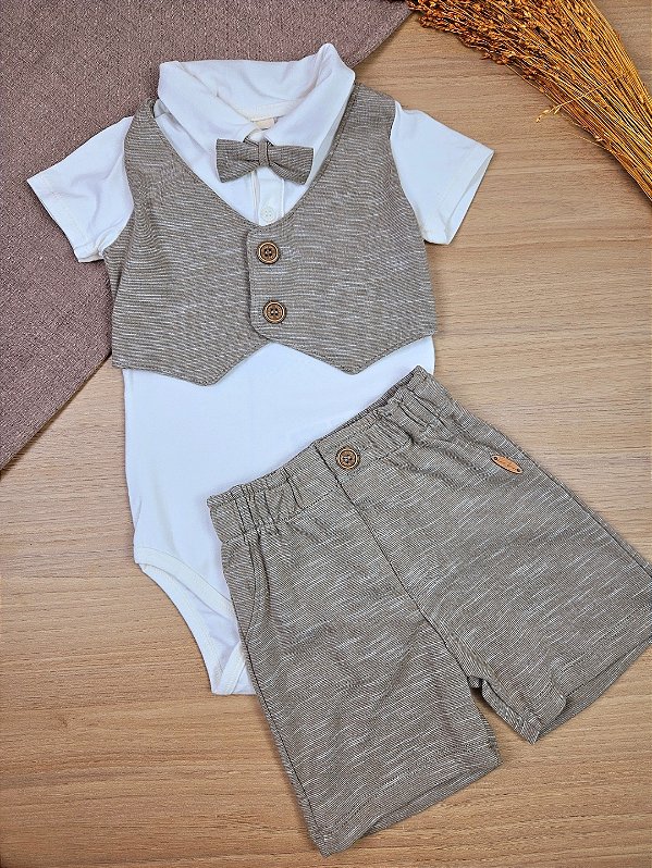 Conjunto de Body em Cotton Gravata e Bermuda em Mesclado Bicolor LucBoo
