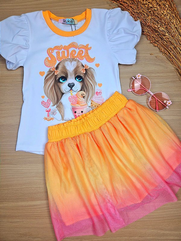 Conjunto de Blusa em Cotton e Saia em Tela (com Shorts Embutido) Kukiê