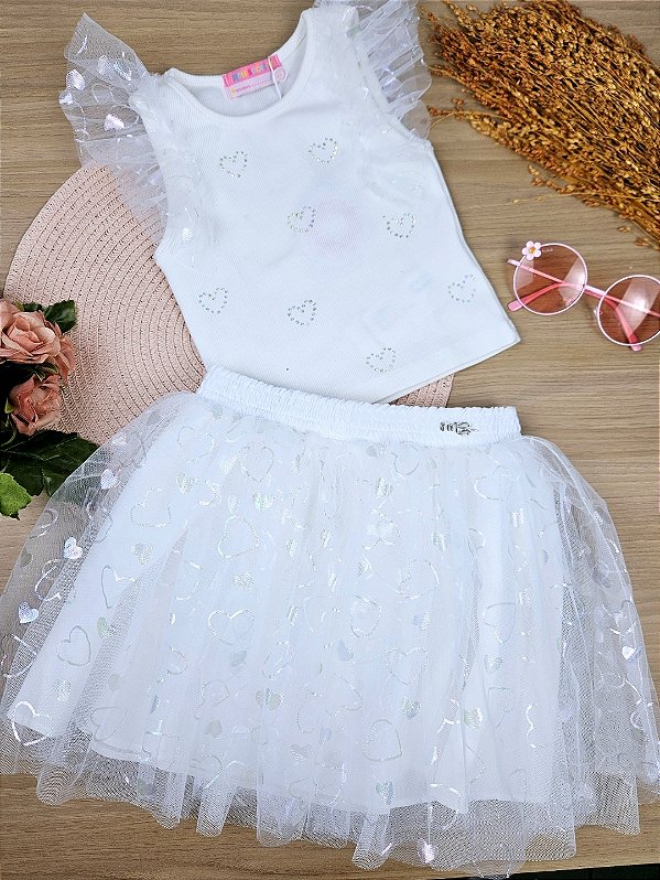 Conjunto Regata e Saia Tule Branco Verão Mon Sucré