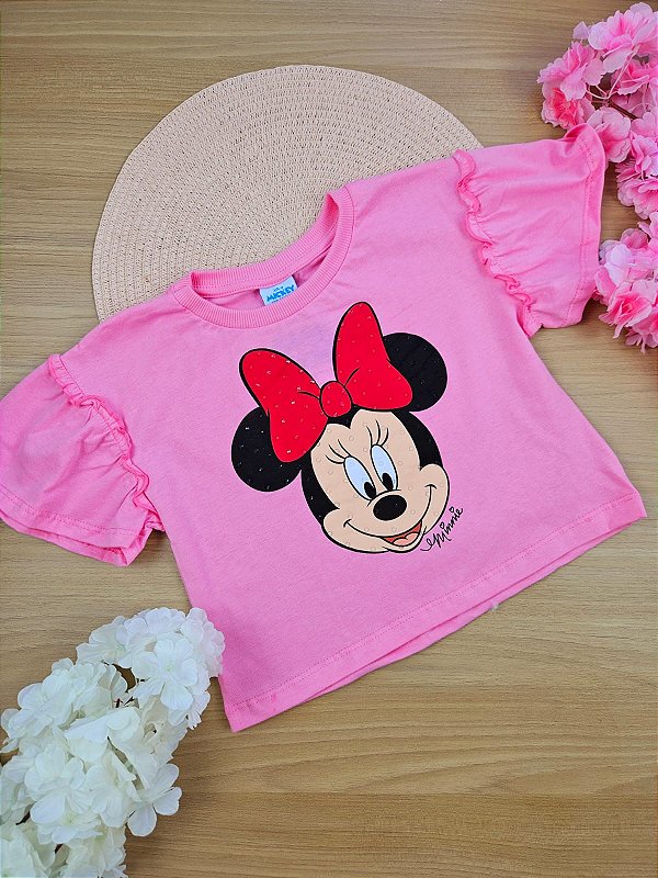 Blusa Boxy Rosa com Strass Disney Minnie Fakini