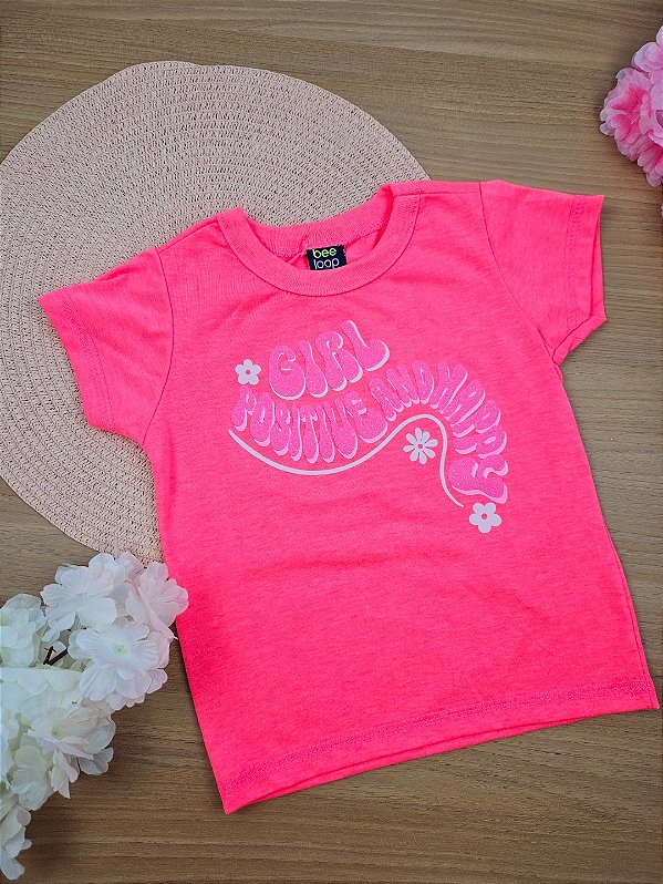 Blusa Manga Curta em Meia Malha Rosa Flúor Bee Loop