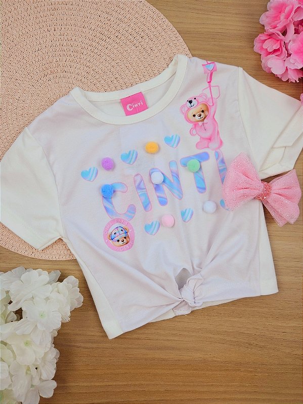 Blusa Cropped Infantil Menina Com Pompom Natural Cinti