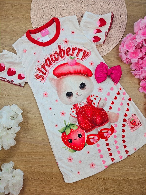 Vestido Strawberry Gatinha Off White E Vermelho Cinti