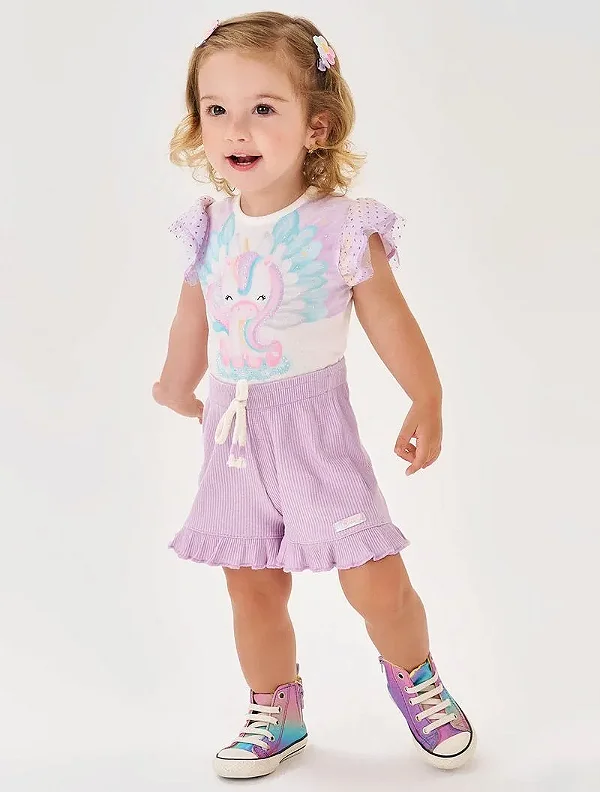 Conjunto Body Unicórinio E Short  Lilás Cinti