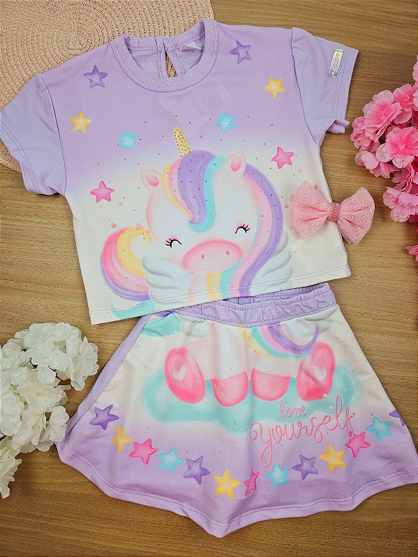 Conjunto Blusa E Saia-Short Unicórnio Lilás Cinti