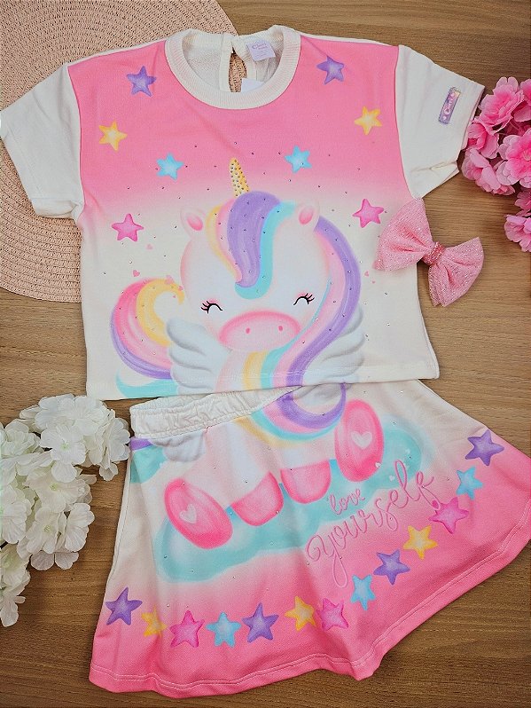 Conjunto  Blusa E Saia-Short Unicórnio  Cinti