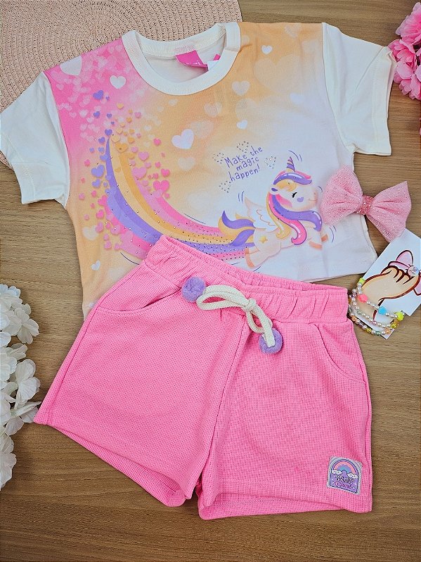 Conjunto Infantil Menina Blusa Cropped E Short Unicórnio Natural E Rosa Cinti