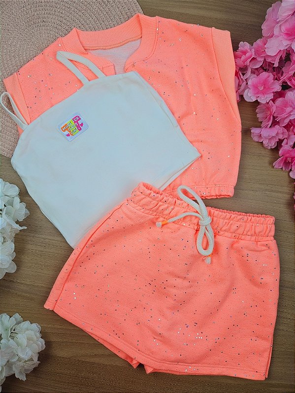 Conjunto Blusa, Shorts Saia e Colete Neon Cinti