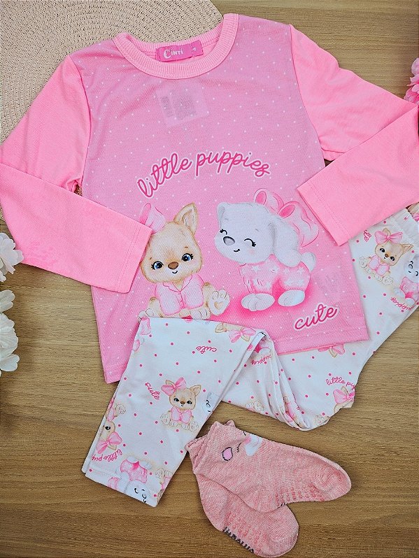 Pijama Manga Longa e Legging Rosa Cinti