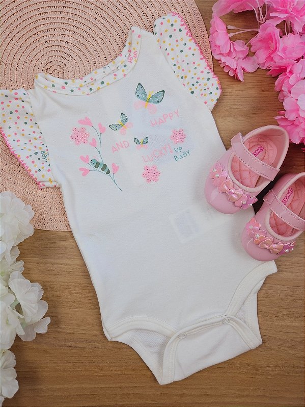 Body Manga Curta em Suedine Happy and Lucky Up Baby