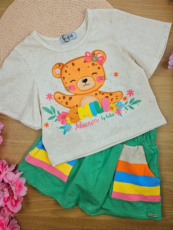 Conjunto de Blusa Boxy em Cotton Linho e Short Saia em Molevisco Kukiê