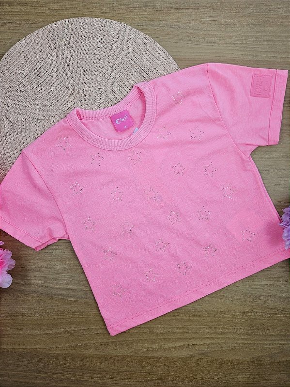 Blusa Boxy Infantil Menina Com Strass Rosa Cinti