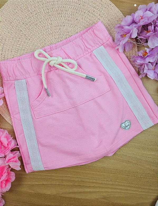 Short-Saia Infantil Menina Com Bolso Rosa Cinti