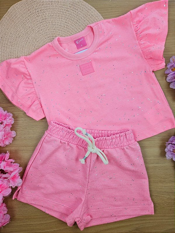 Conjunto Infantil Menina Blusa Boxy E Short Glitter Rosa Cinti