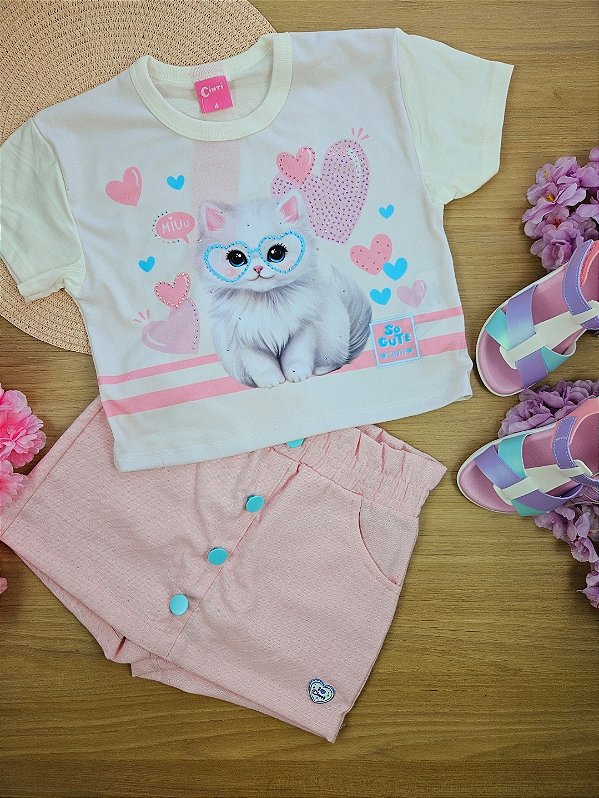 Conjunto Infantil Menina Blusa Boxy Gatinho E Short-Saia Natural E Rosa Cinti