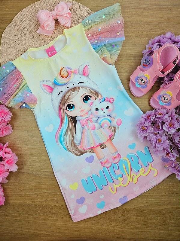 Vestido Infantil Menina Unicórnio Azul Cinti