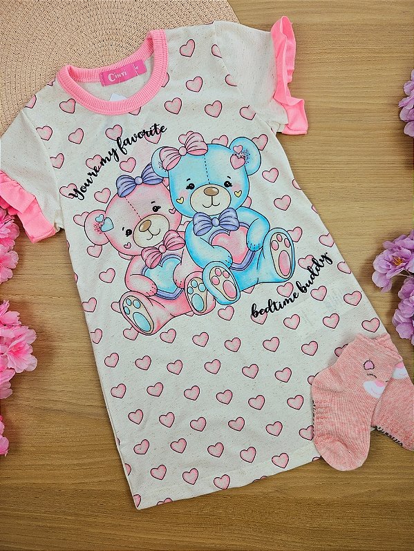 Pijama Infantil Menina Camisola Ursinho Off White e Rosa Cinti