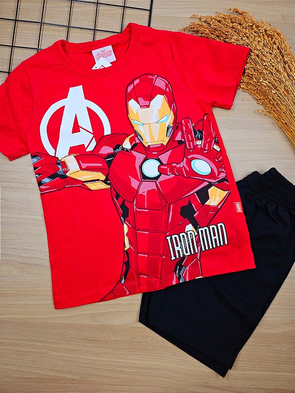 Conjunto Camiseta e Bermuda Homem de Ferro 100% Algodão Fakini