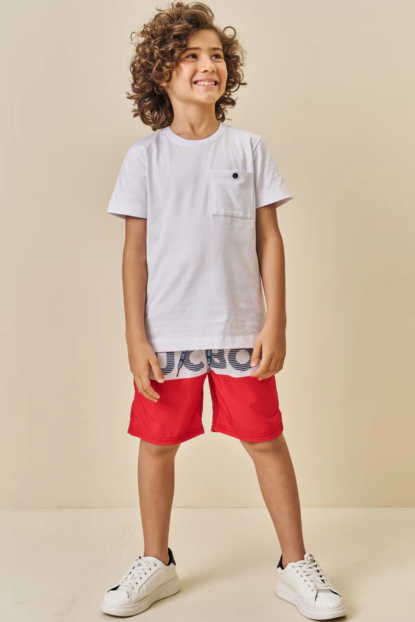 Conjunto de Camiseta em Meia Malha e Bermuda em Nylon Ergonomic com Elastano Branca LucBoo