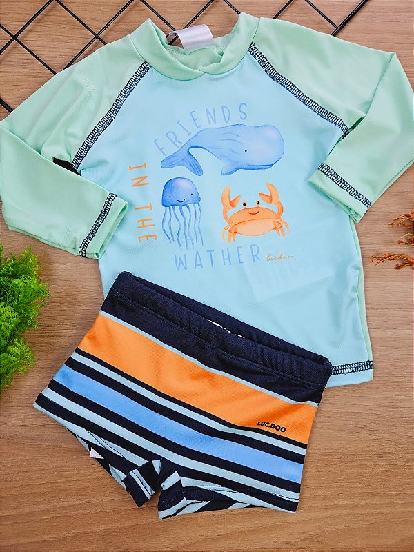 Conjunto de Camiseta e Sunga em Malha UV Dry com Proteção UV 50+ Verde LucBoo
