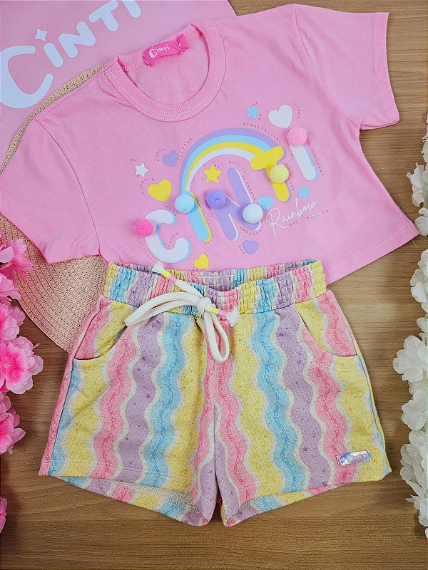 Conjunto Arco-íris Blusa Boxy Algodão e Short Moletom Linho Cinti