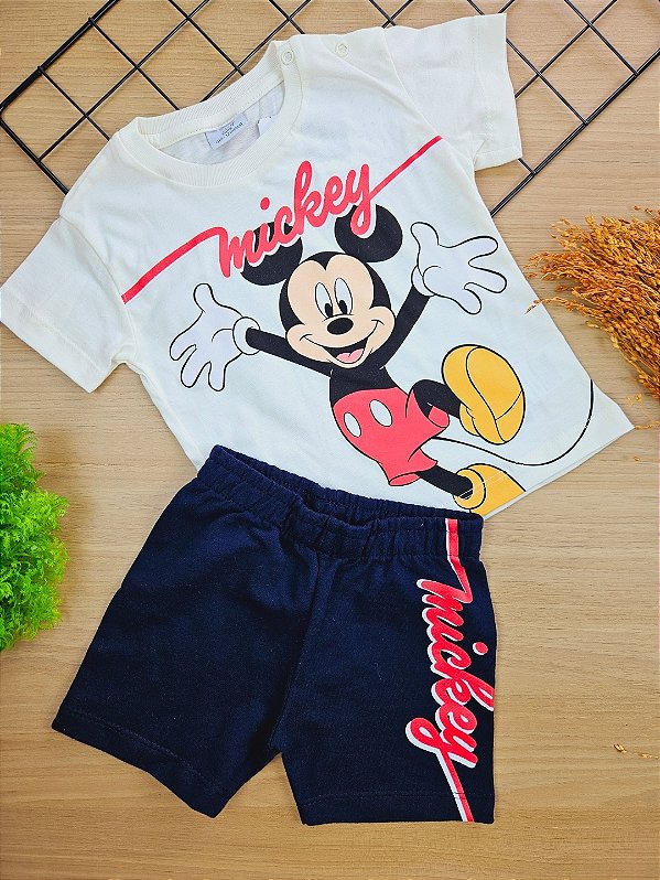 Conjunto Camiseta Branca e Bermuda Mickey Fakini