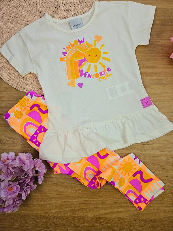 Conjunto Blusa Branca Solzinho e Calça Quimby 100% Algodão