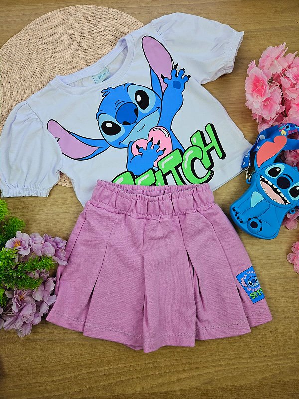 Conjunto Branco Stitch Blusa e Short Saia 100% Algodão Fakini