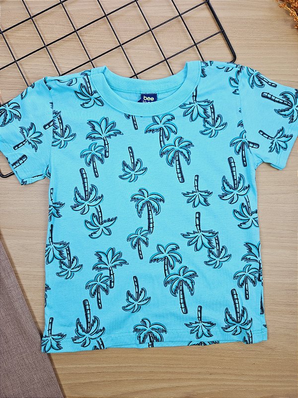 Camiseta Manga Curta em Meia Malha Palmeira Azul Bee Loop