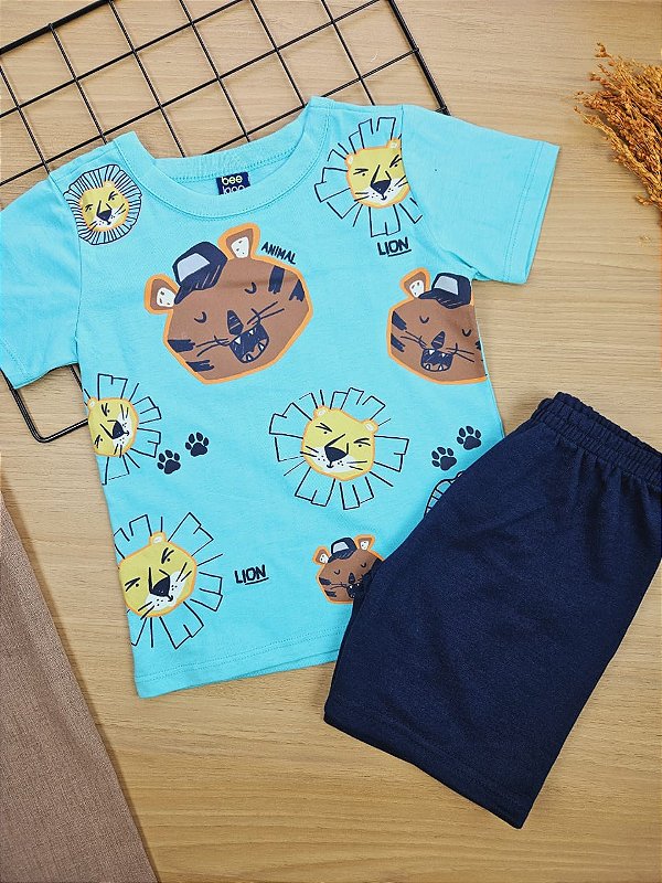 Conjunto Camiseta Malha e Bermuda Moletom Tigre Azul Bee Loop