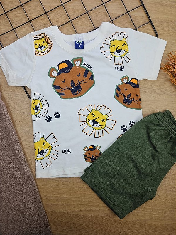 Conjunto Camiseta Malha e Bermuda Moletom Tigre Branco Bee Loop