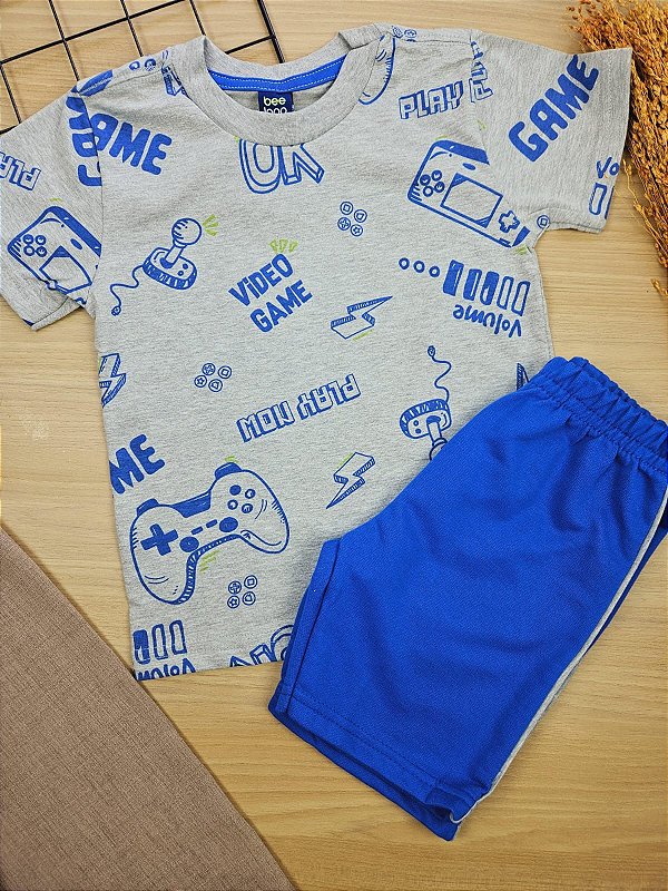Conjunto Camiseta Malha e Bermuda Moletom Video Game Cinza Bee Loop